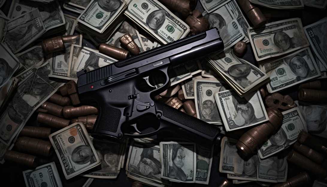 A close-up shot of stolen cash, drugs, and guns confiscated during the investigation, taken with a Canon EOS R