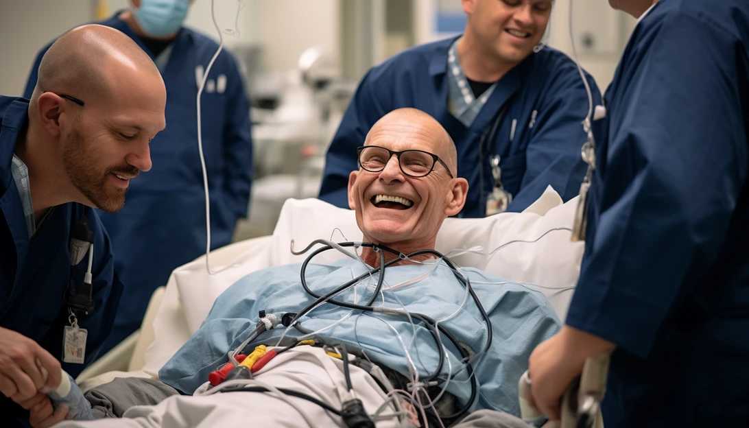 Lawrence Faucette, the Navy veteran who received the pig heart transplant, sitting in a chair and sharing a light-hearted moment with his medical team. [Taken with Canon EOS R]