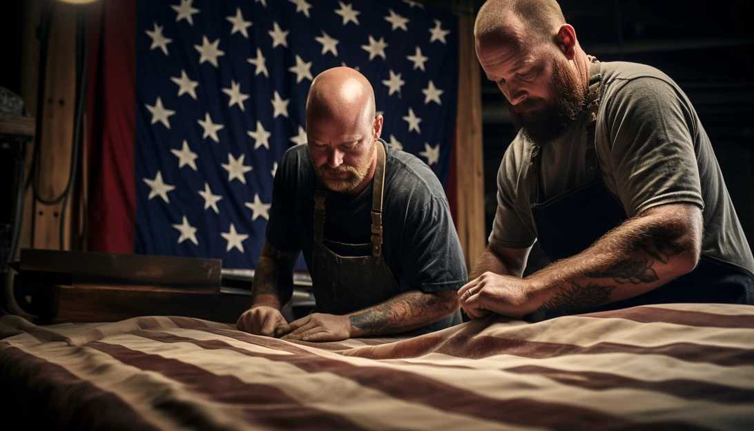 Shane Henderson and his team of skilled artisans carefully sanding and finishing the wooden flag to achieve the rippling effect that resembles fabric blowing in the breeze. (Photo taken with Sony Alpha a7R III)