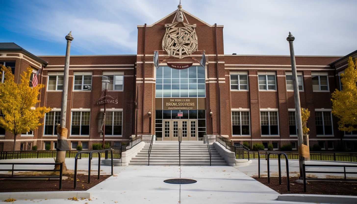 A wide-angle shot of a public school in Idaho, showing the school emblem proudly displayed at the entrance. The focus should be on the emblem, representing the school and its policies. Taken with a Nikon D850.