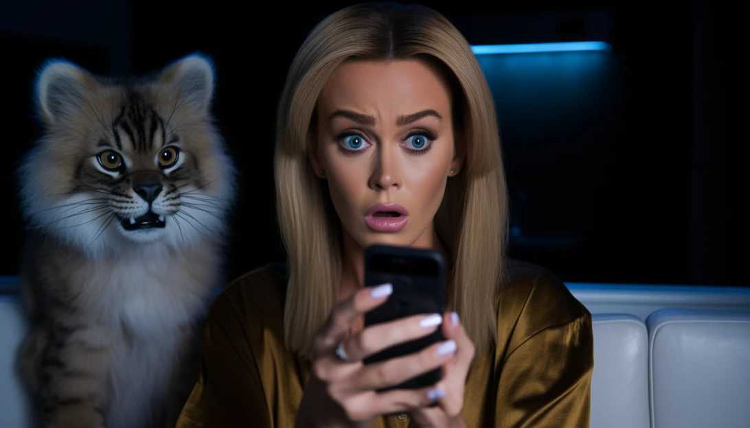 Katy Perry holding her phone with a surprised expression, discovering her divorce through a text message. (Taken with a Canon EOS R)