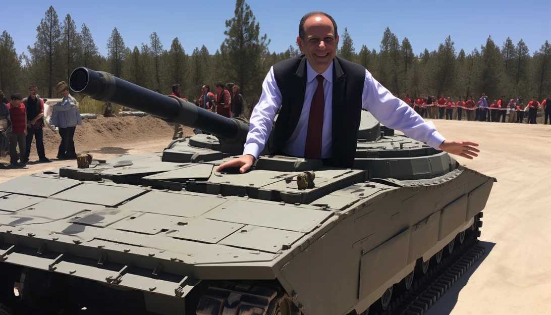 A photo of Israeli Minister of Defense Yoav Gallant inspecting the AI-powered Barak tank, showcasing Israel's technological prowess.