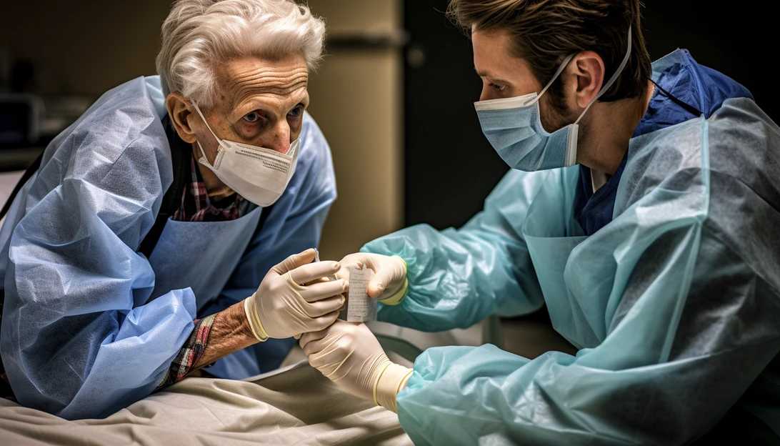 A powerful image taken with a Sony Alpha A7 III, showing a healthcare professional assisting an elderly individual with their Medicaid application, emphasizing the significance of continuous enrollment during the COVID-19 pandemic.