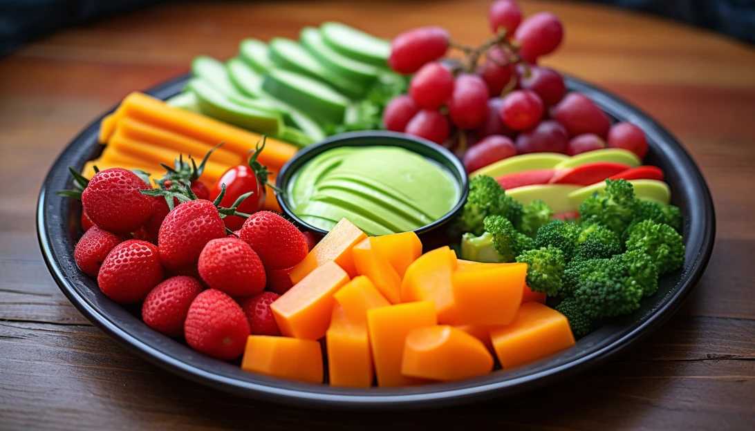 Obesity rates in the US: A close-up photo of a colorful plate of healthy fruits and vegetables, taken with a Nikon D850.