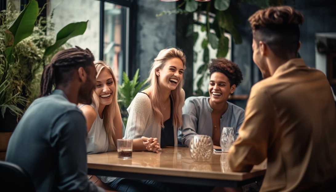 A diverse group of friends gathered around a table, engaging in a lively conversation, building strong in-person friendships, taken with a Sony Alpha a7 III.