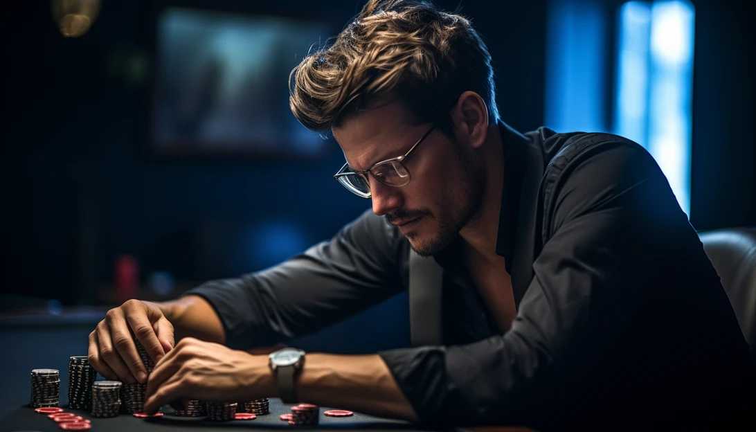 A photo of a poker player intensely focused on their hand, taken with a Nikon D850.