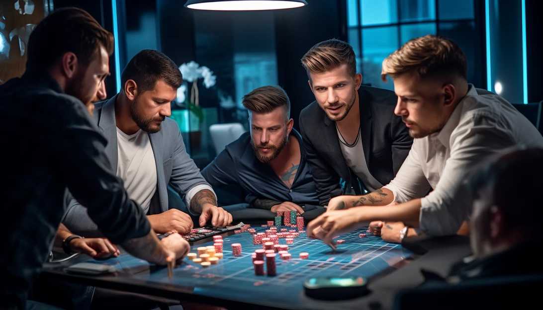 A picture of a group of poker players engrossed in a high-stakes game, snapped with a Sony Alpha A7 III.