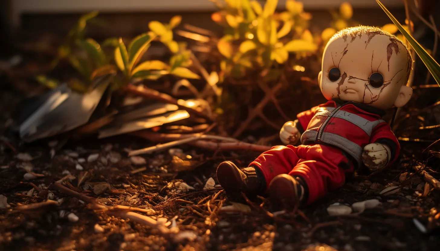 A toy left lying in the front yard of a mobile home, symbolizing the innocence lost in this tragic incident. The shot could emphasize the contrast between the serene dawn and the chaos of the crime scene. Taken with a Nikon D850.