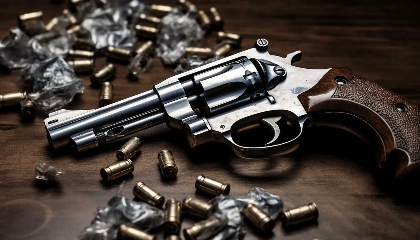 A close-up of a revolver on a table with discharged bullet shells, highlighting the dangerous repercussions of gun violence. This could be shot in black-and-white to emphasize the cold reality of the incident. Taken with a Canon EOS 5D Mark IV.