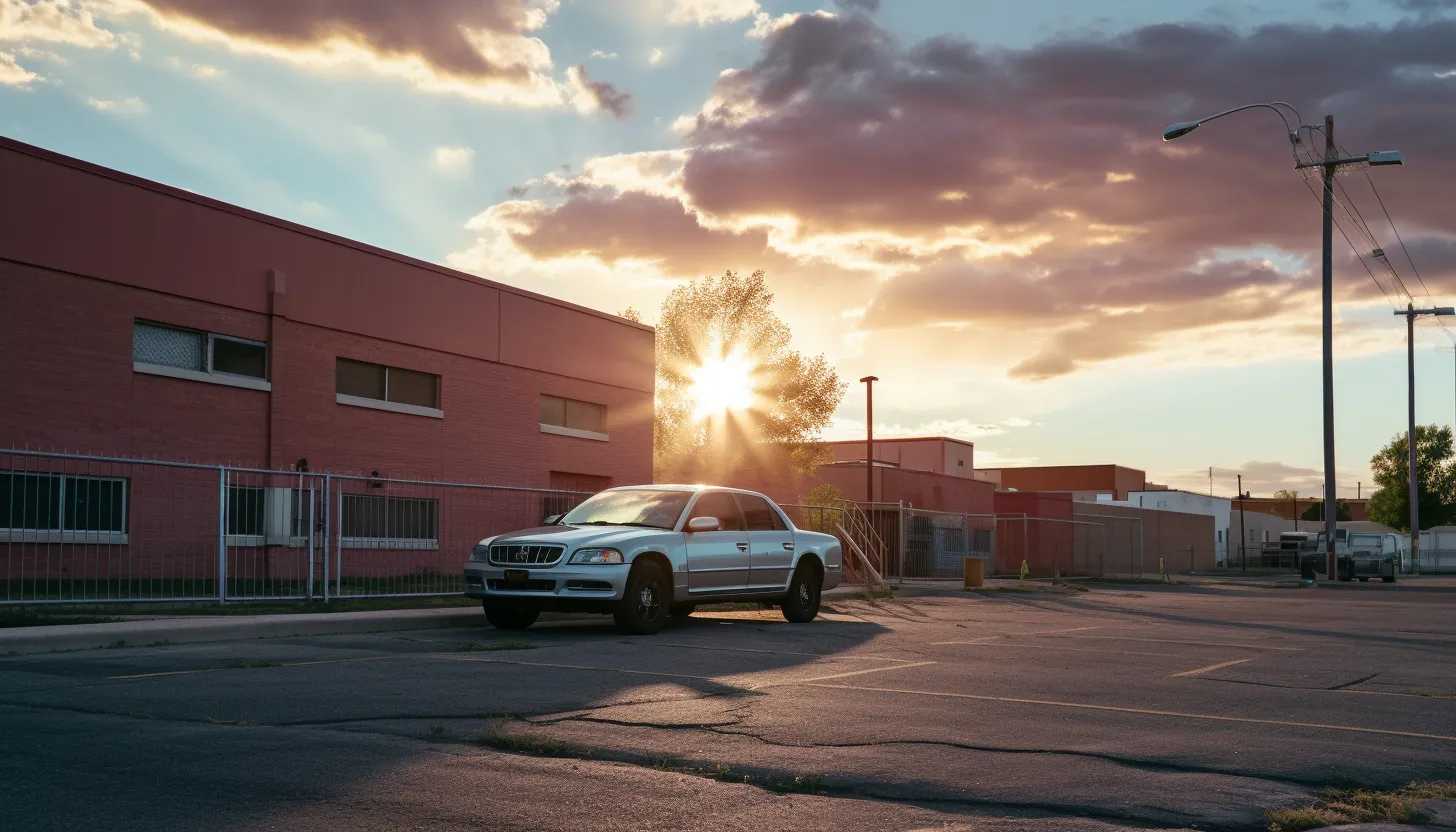 A solitary police car with its lights on parked outside a middle school, representing the origin of the feud and the social context of this case. Captured in the backdrop of a setting sun embodying the ongoing search, using a Sony A9.