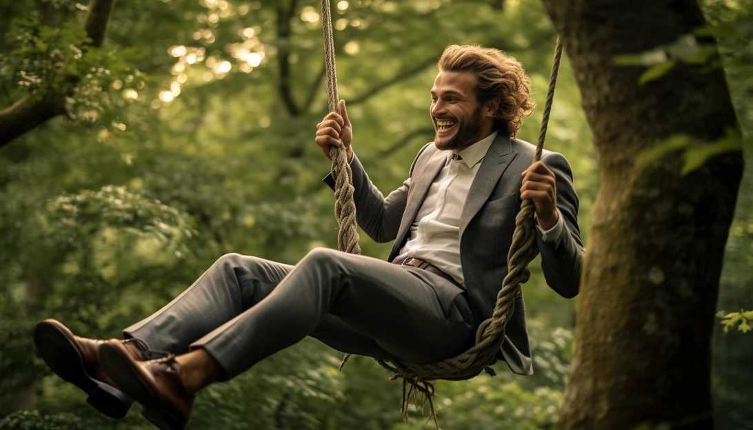 A photo of Victor Fleites immersed in nature, swinging gracefully from a tree, captured with a Canon EOS R.