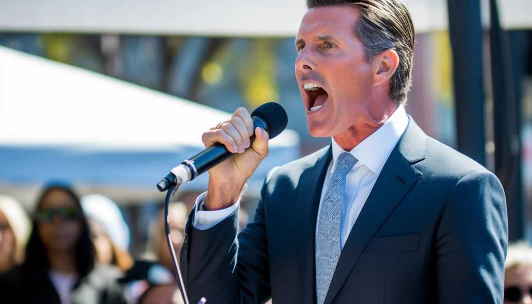 A photo of California Governor Gavin Newsom passionately speaking about the homelessness crisis, taken with a Nikon D850.