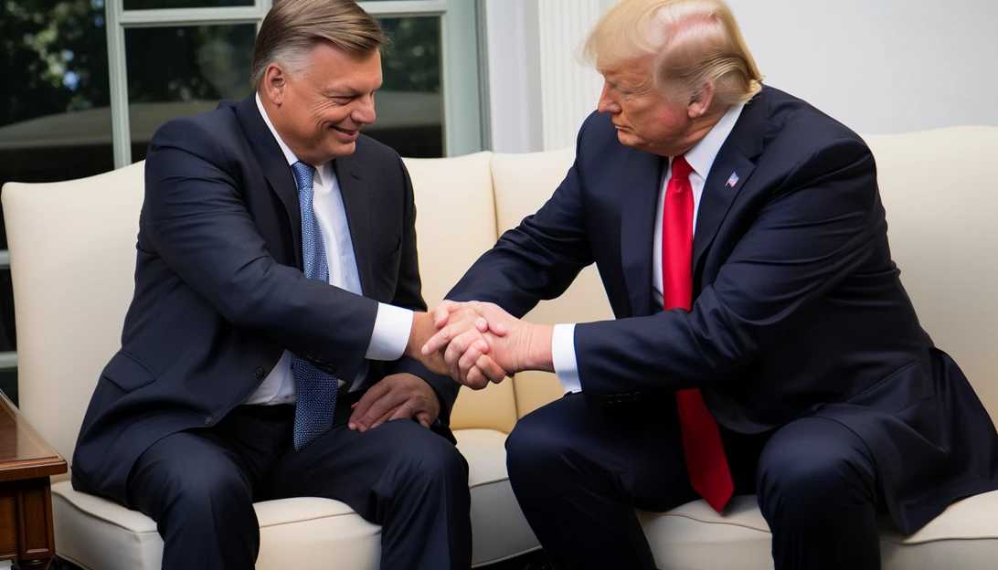 A photo of former President Donald Trump and Prime Minister Viktor Orbán shaking hands at the White House, taken with a Canon EOS-1D X Mark III.