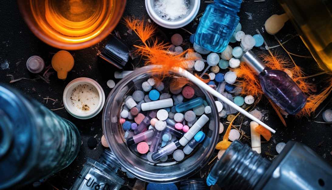 An overhead shot of drug paraphernalia, including needles and vials, representing the devastating impact of addiction and fentanyl on San Francisco's streets. (Taken with a Sony A7 III)