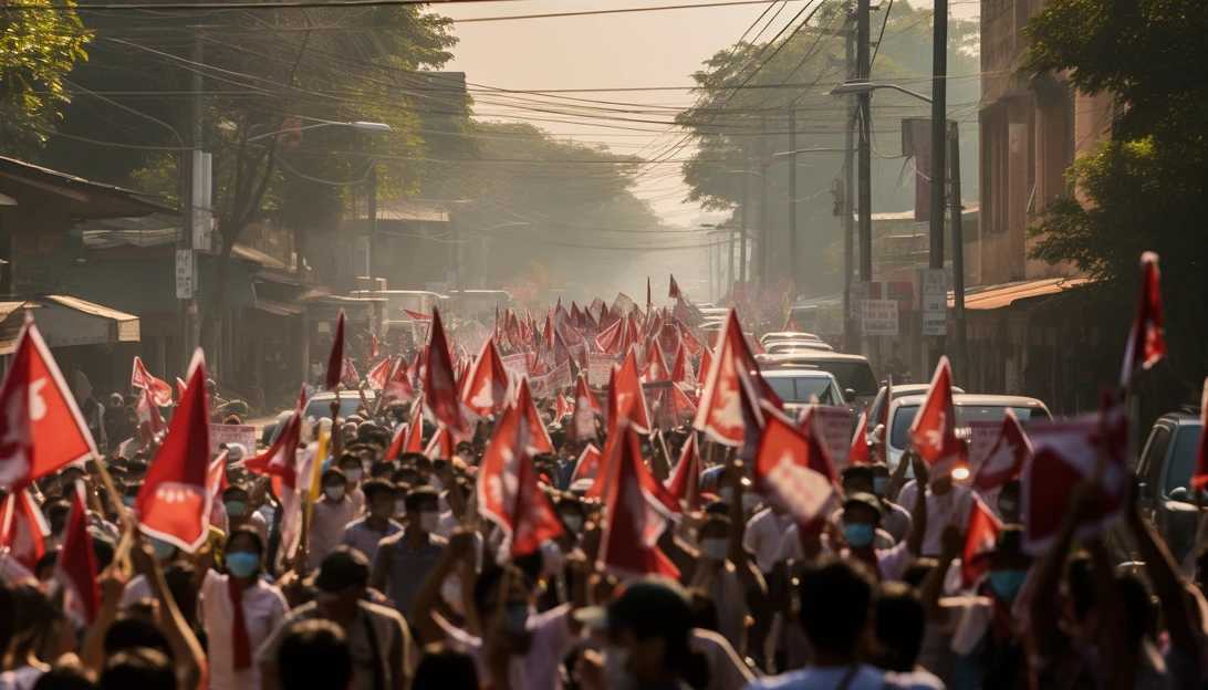 A photo of peaceful protesters waving flags in Burma's streets, captured with a Canon EOS 5D Mark IV.