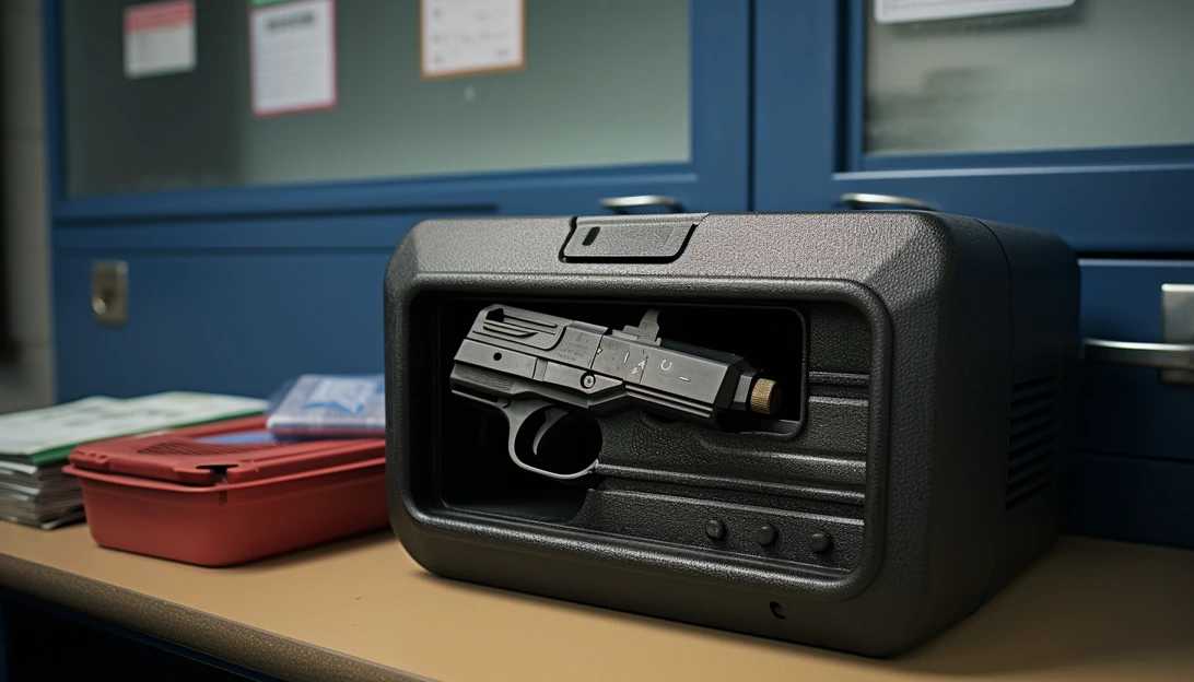 A biometric safe installed discreetly in a school office, holding firearms for the armed response team, taken with Sony Alpha A7R III