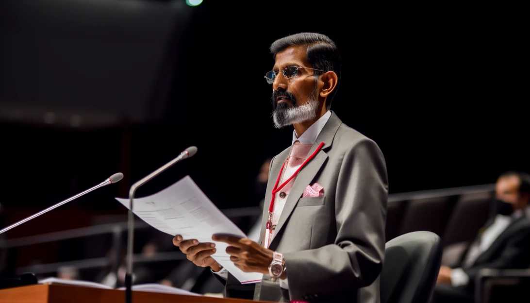 A photo of Indian External Affairs Minister Subrahmanyam Jaishankar delivering his speech at the U.N. General Assembly, taken with a Canon EOS 5D Mark IV.