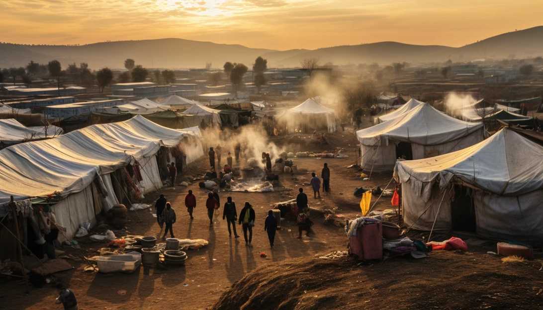 A photo of a bustling displacement camp in Tigray, filled with tents and people seeking refuge, captured with a Nikon D850.