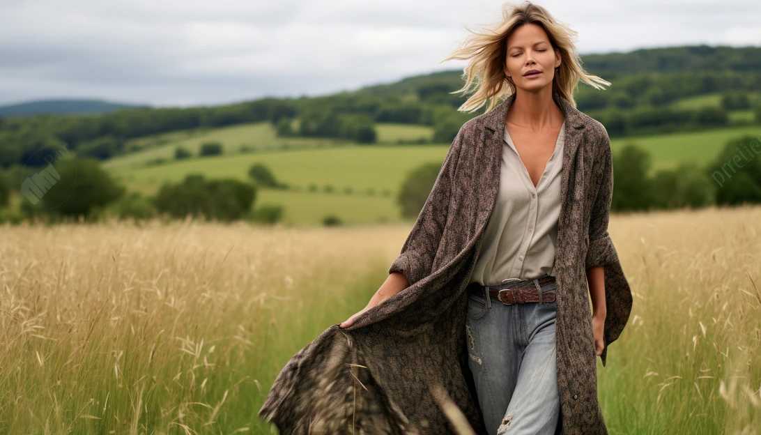 Kate Moss strolling through the picturesque Cotswolds countryside, connecting with nature on her journey towards self-discovery. (Taken with Sony Alpha a7 III)