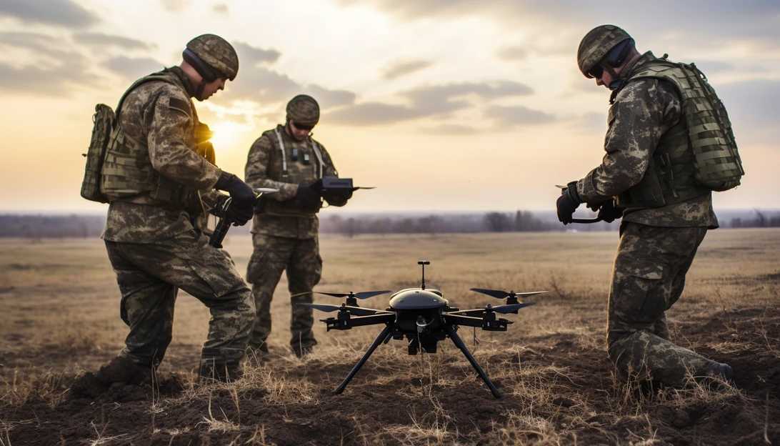 A group of Ukrainian soldiers operating drones in the field, showcasing their expertise in drone warfare strategy. (Photo prompt: Volodymyr Tarasov / Ukrinform/Future Publishing via Getty Images, taken with Canon EOS 5D Mark IV)