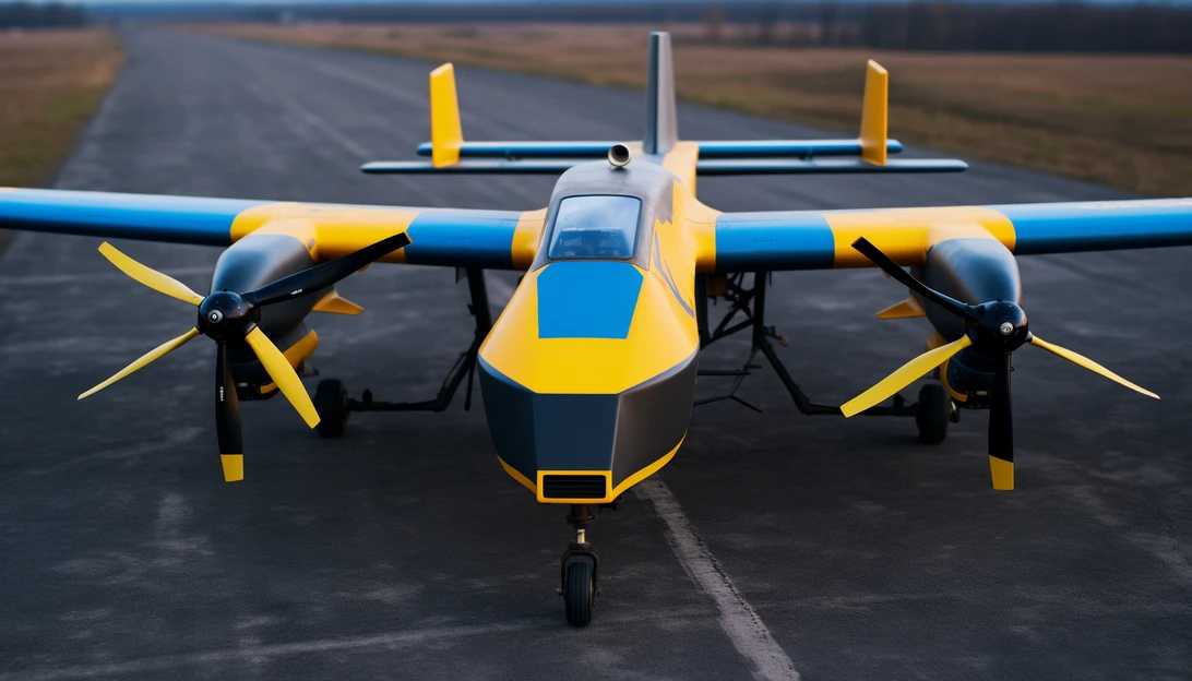 A close-up shot of a Ukrainian combat drone, ready for takeoff, loaded with explosives to carry out precision strikes on targets. (Photo prompt: Ivanov Vasily / Shutterstock, taken with DJI Mavic 2 Pro)