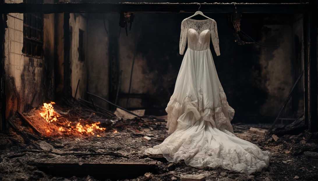 A touching image of a burnt wedding dress amidst the ruins of the devastated hall, symbolizing the tragedy and loss, taken with a Sony Alpha a7 III camera.