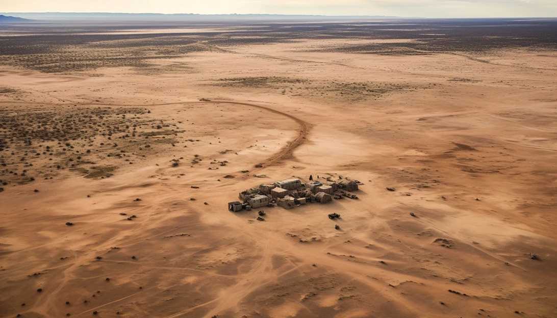 An aerial view of the remote desert encampment near the Colorado line, showcasing the isolated and desolate landscape surrounding the area. (Photo taken with a Sony Alpha A7R III)