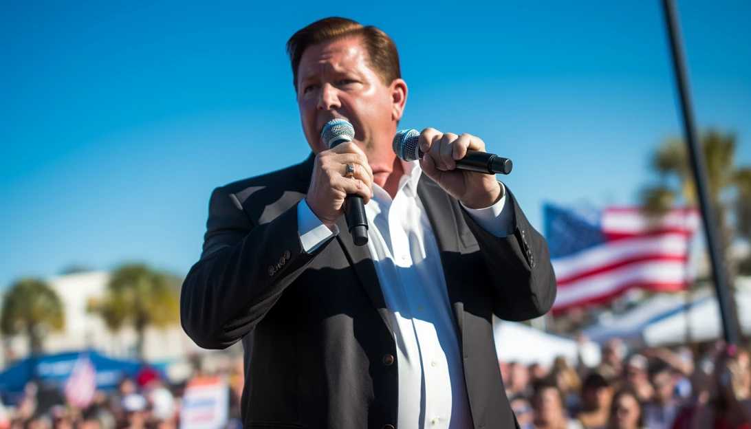 An image of Republican presidential candidate Ron DeSantis confidently addressing a crowd during a campaign rally, taken with a Canon EOS 5D Mark IV.