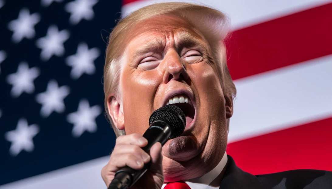 A close-up shot of former President Donald Trump passionately delivering a speech at a political event, taken with a Sony Alpha A7R III.