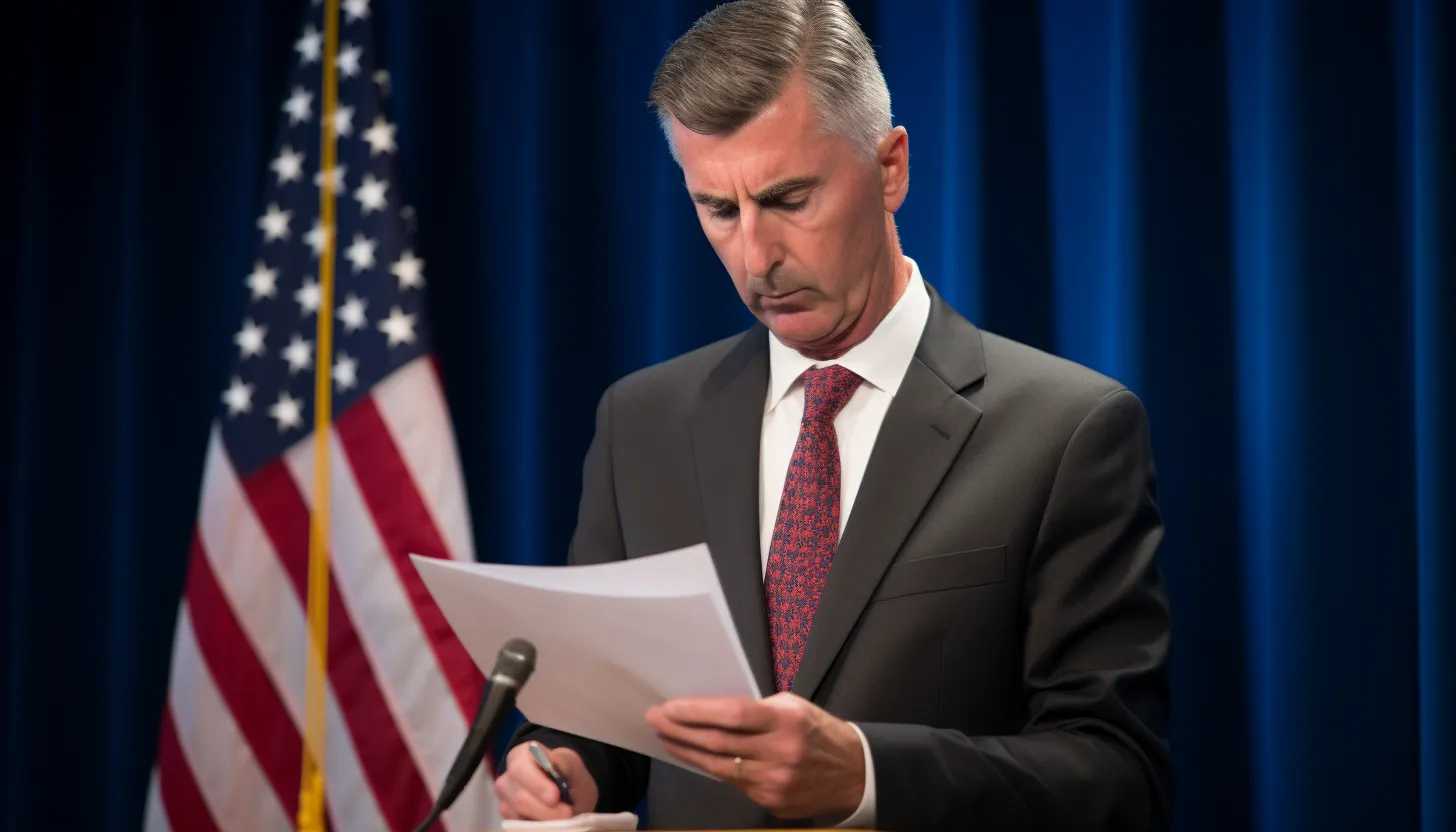 A shot of Attorney General Steve Marshall at a briefing, glancing pensively at the document in front of him. This image captures the initial stages of Marshall's allegations and the start of a controversy - taken with Nikon D7500.