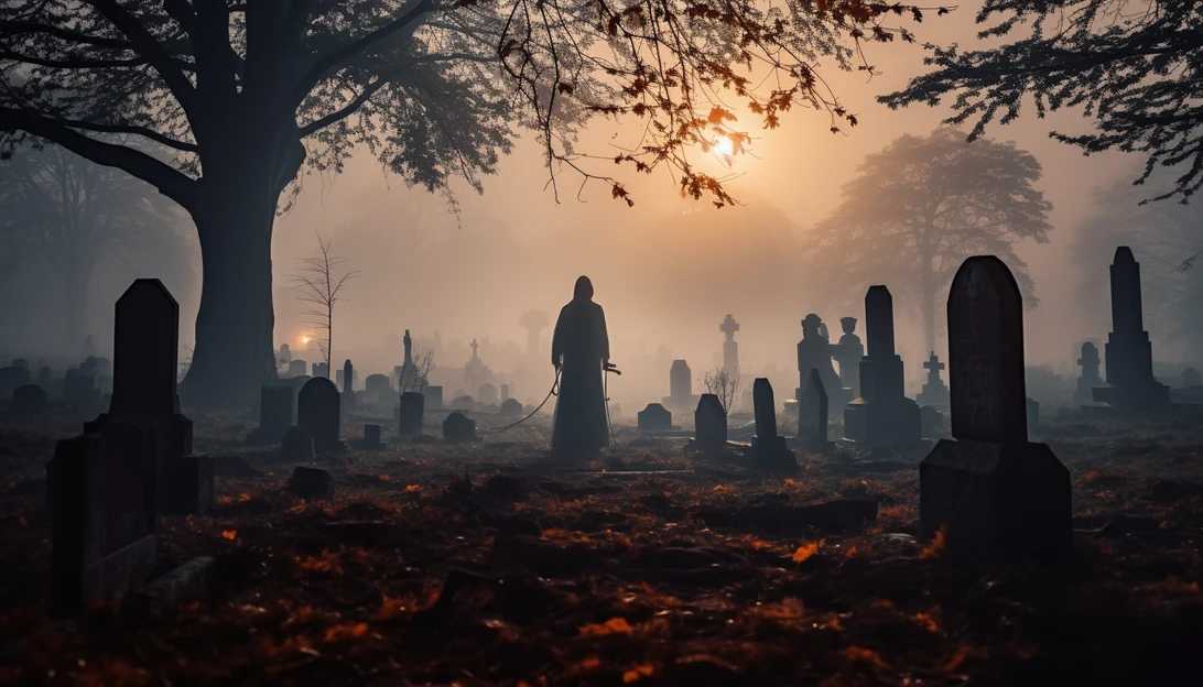 A misty graveyard scene with a lone figure paying homage to the origins of Halloween. (Taken with Canon EOS R5)