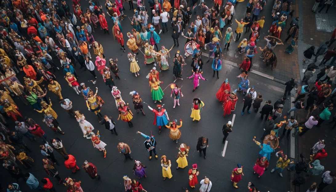 An aerial view of a vibrant Halloween parade, showcasing the diverse costumes and vibrant spirit of the holiday. (Taken with Sony A7III)