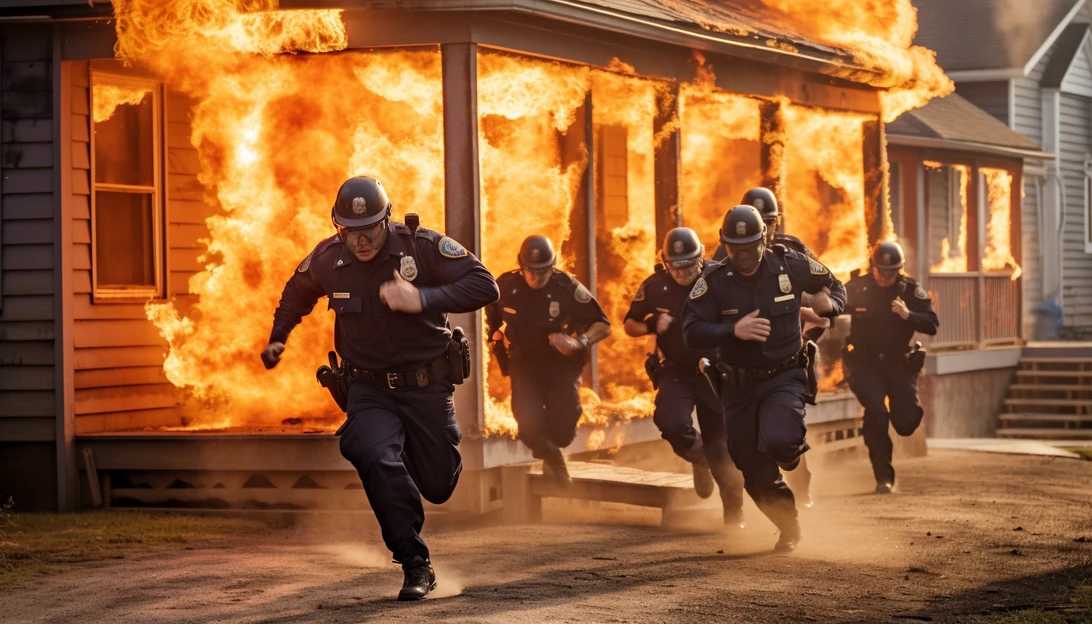 A photo of Ohio police officers in action, bravely rushing towards the burning house to rescue the residents.