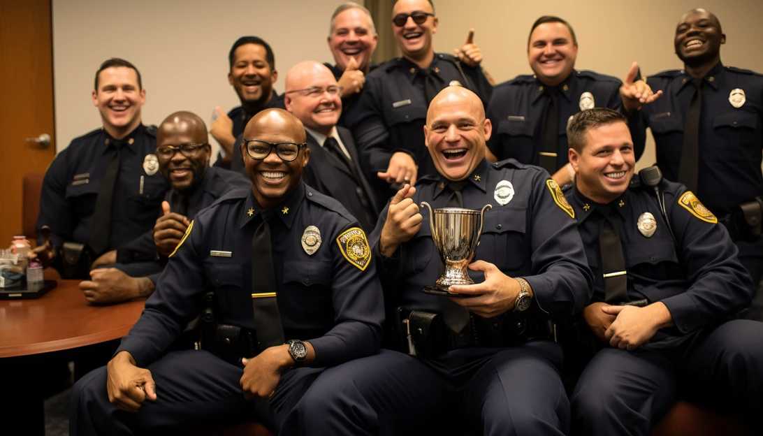 A group photo of the officers being recognized as heroes in blue, with smiles of accomplishment on their faces.