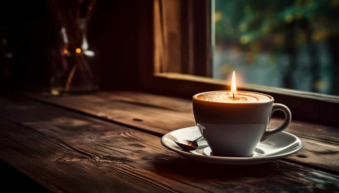 A cup of freshly brewed coffee sits on a rustic wooden table, exuding warmth and inviting aroma. Taken with a Canon EOS 5D Mark IV.
