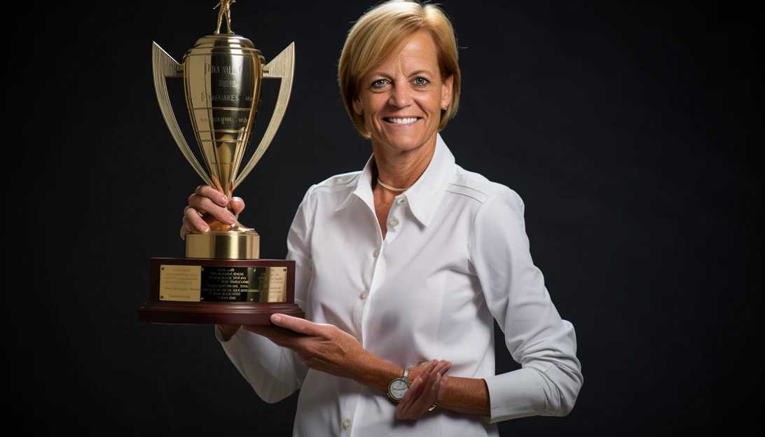 Renowned LSU women's basketball coach Kim Mulkey posing with the national championship trophy, taken with a Canon EOS 5D Mark IV.