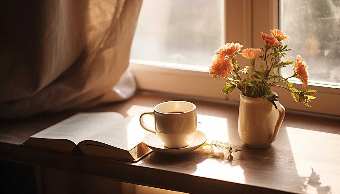A serene morning scene with soft sunlight streaming through a window, showcasing a beautifully set mindfulness corner with a cup of tea and a journal. [Taken with Canon EOS 5D Mark IV]