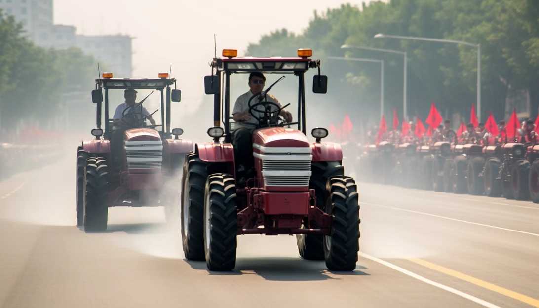 Tractors towing weapons during the paramilitary parade ceremony marking North Korea's 75th founding anniversary. Photo taken with Nikon D850.
