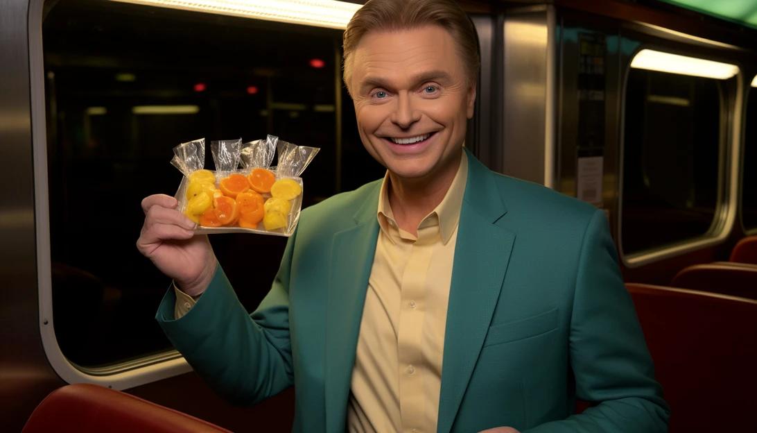 A photo of Pat Sajak, the beloved host of 'Wheel of Fortune,' holding a cue card with the phrase 'Dining in the Dining Car,' taken with a Nikon D850.