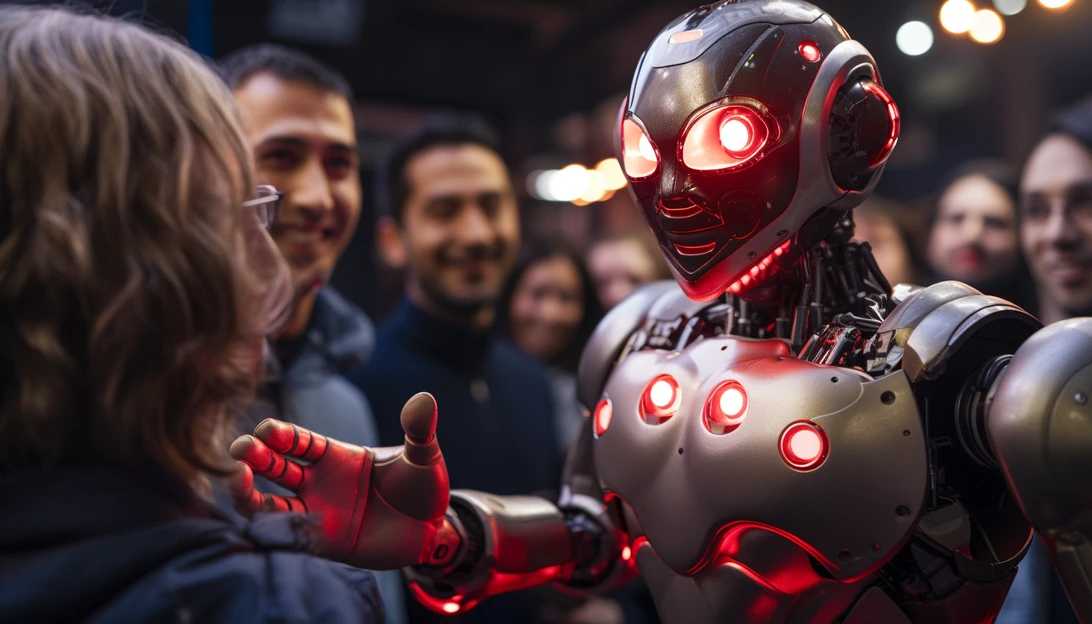 A close-up shot of an AI-powered robot interacting with a group of people, emphasizing the potential impact of artificial intelligence on daily life, taken with a Canon EOS R.