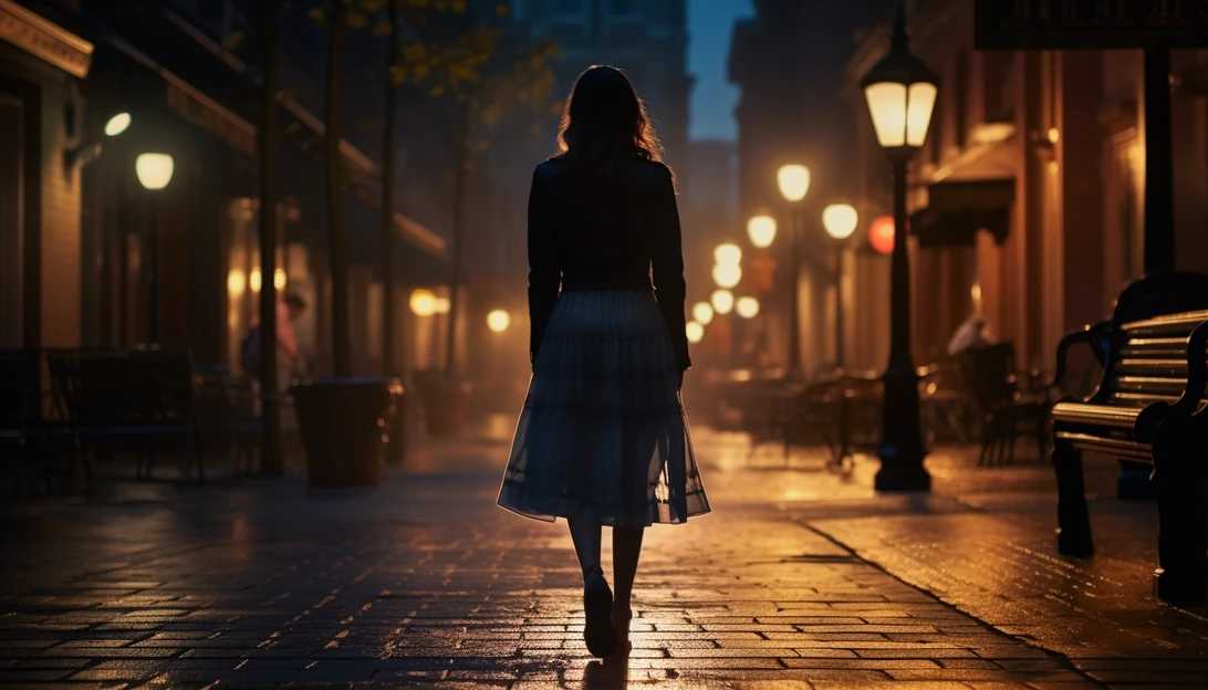 A picture of a woman walking alone in a well-lit street, symbolizing safety, taken with a Canon EOS R.