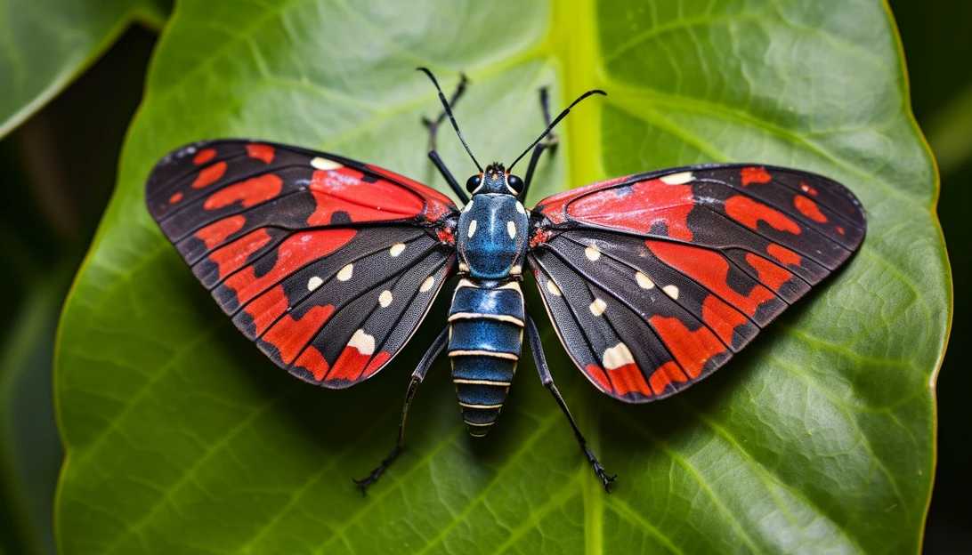 An image of a spotted lanternfly perched on a leaf, showcasing its distinctive black spots and vibrant red wing markings. [Taken with Canon EOS 5D Mark IV]