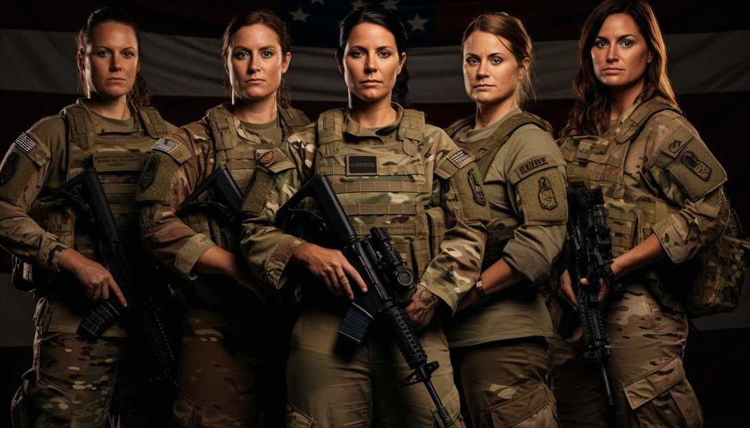 A photo of female combat veterans standing together, displaying their strength and unity (taken with a Canon EOS 5D Mark IV).