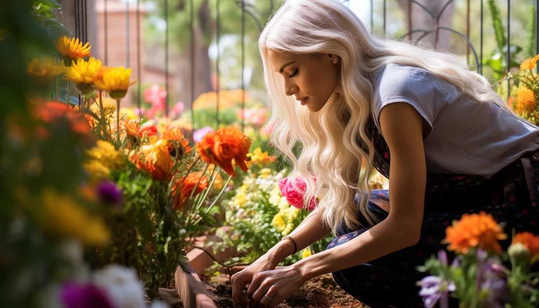 Gwen Stefani tending to her vibrant garden in Oklahoma, surrounded by blooming flowers, photographed using a Sony Alpha A7 III.