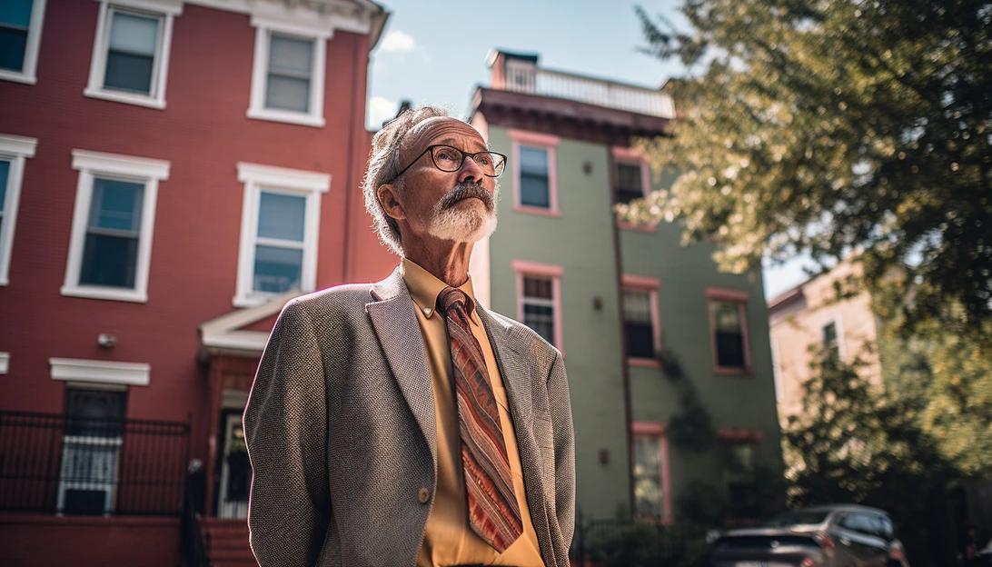 A photo of John Jones, the DC landlord facing eviction challenges, standing in front of his rental property, taken with a Canon EOS 5D Mark IV.