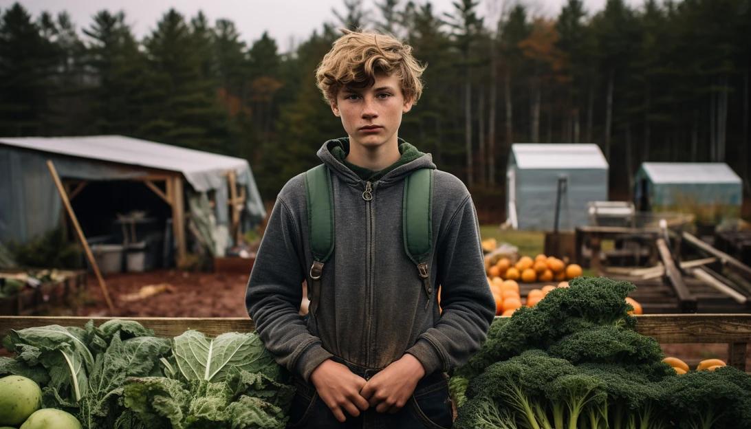 A photo of Brayden Nadeau, the teenage farmer in Maine, standing proudly next to his vegetable stand. (Taken with Canon EOS 5D Mark IV)