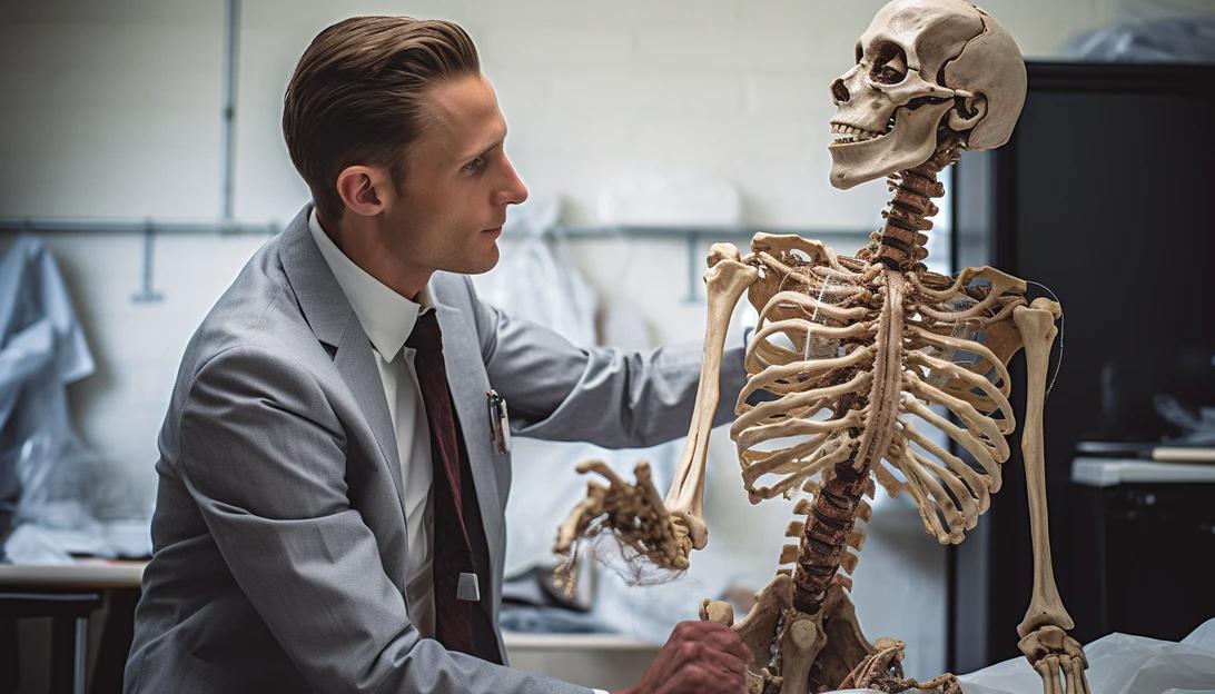 Anthropologist examining a human skeleton in a lab, taken with Nikon D850