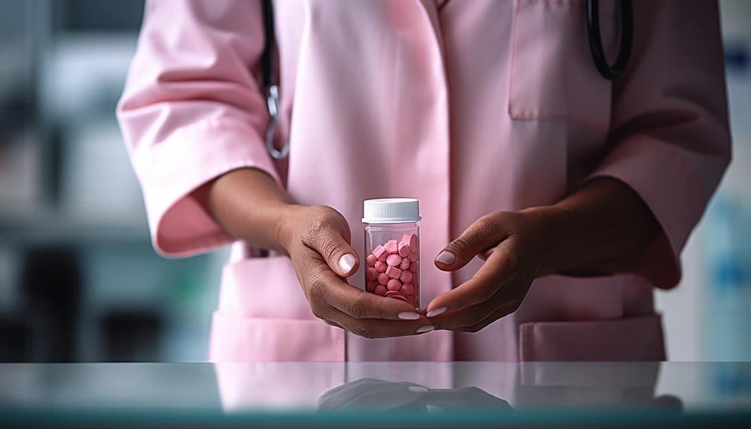 A person undergoing breast cancer treatment, determined and hopeful, looking at a bottle of alpelisib medication in their hand. (Taken with Canon EOS R)
