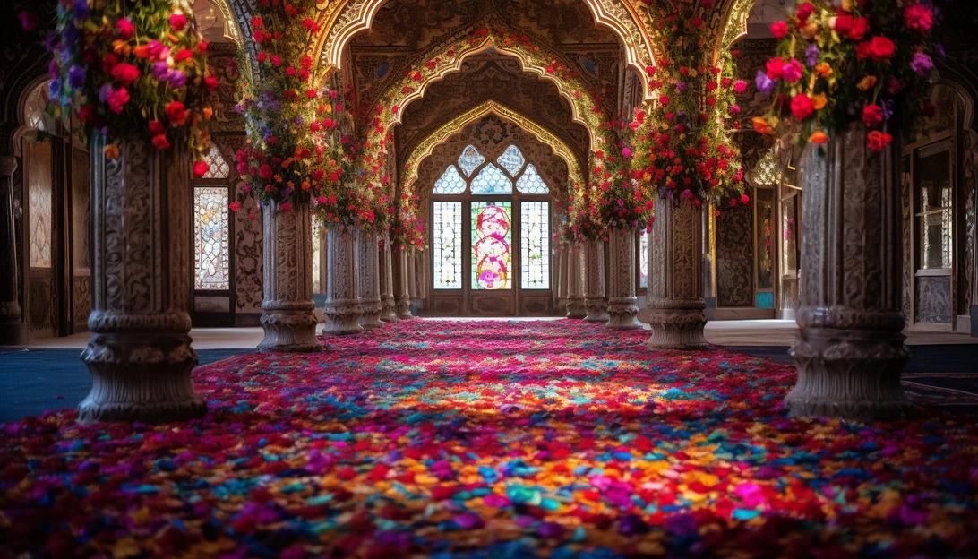 A photo of a peaceful mosque, adorned with vibrant decorations, where the celebration honoring Prophet Muhammad took place. Taken with a Nikon D850.