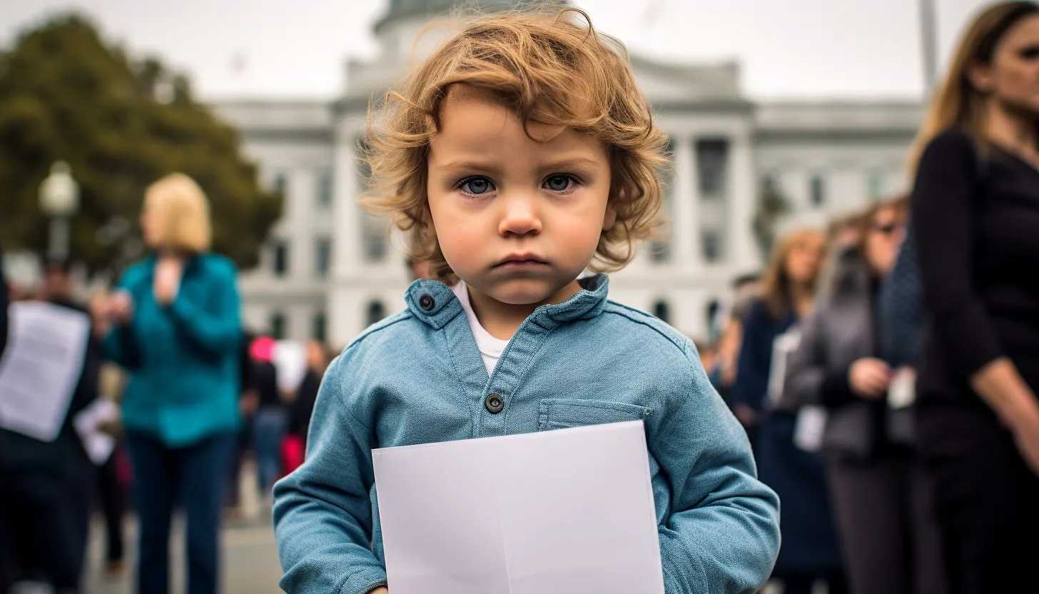 "A concerned parent standing outside the California State Capitol, holding up a protest sign. Their expression encapsulates the frustration and worry about the future of their child's education. Taken with Nikon D850."